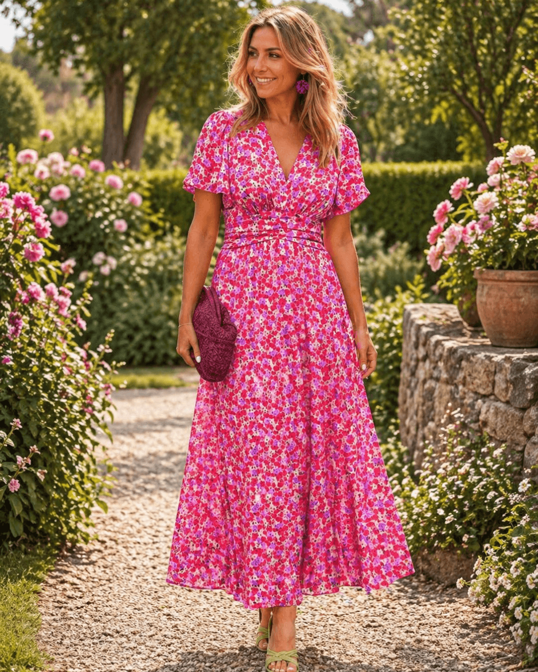 Floral Wrap-Style Women's Summer Midi Dress with Flutter Sleeves