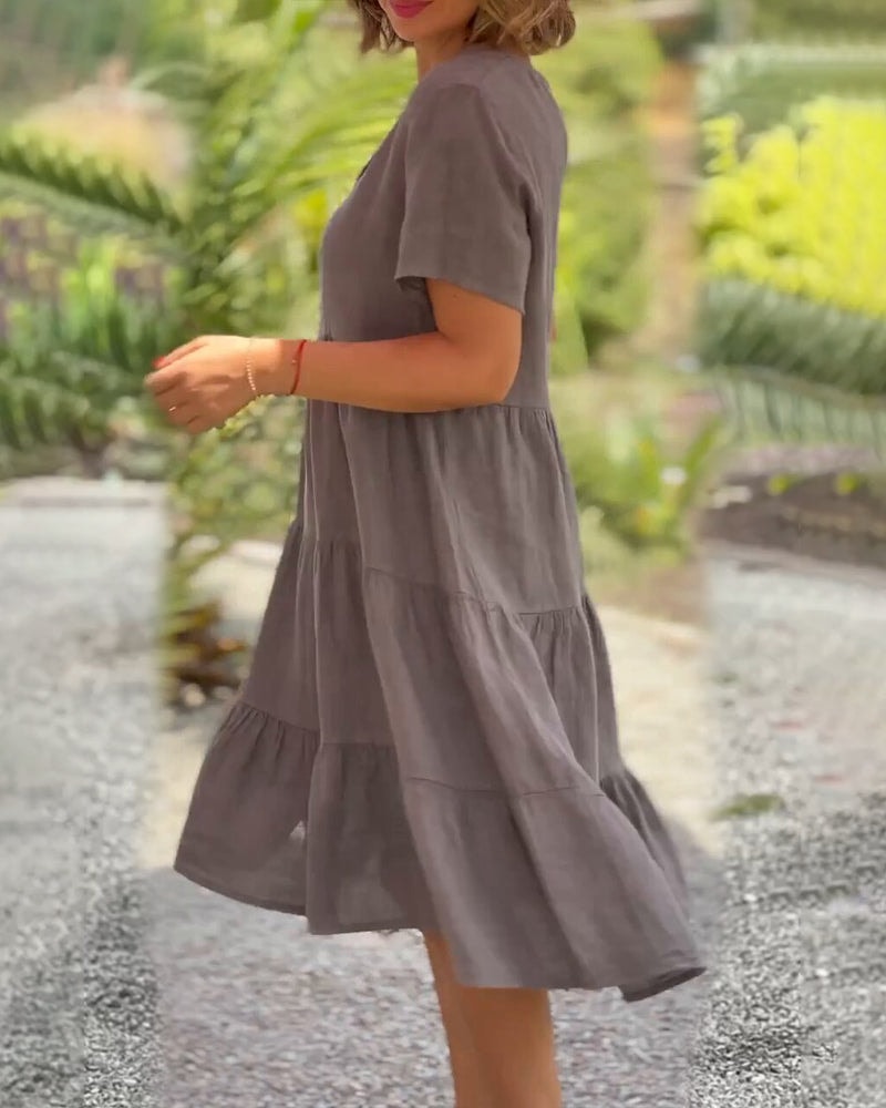 Elsie Tiered V-Neck Cotton Linen Summer Dress with Short Sleeves