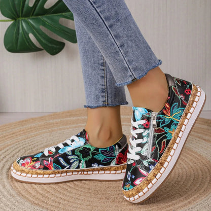 Women's Floral Embroidered Lace-Up Espadrille Sneakers with Cork Sole and Side Zip