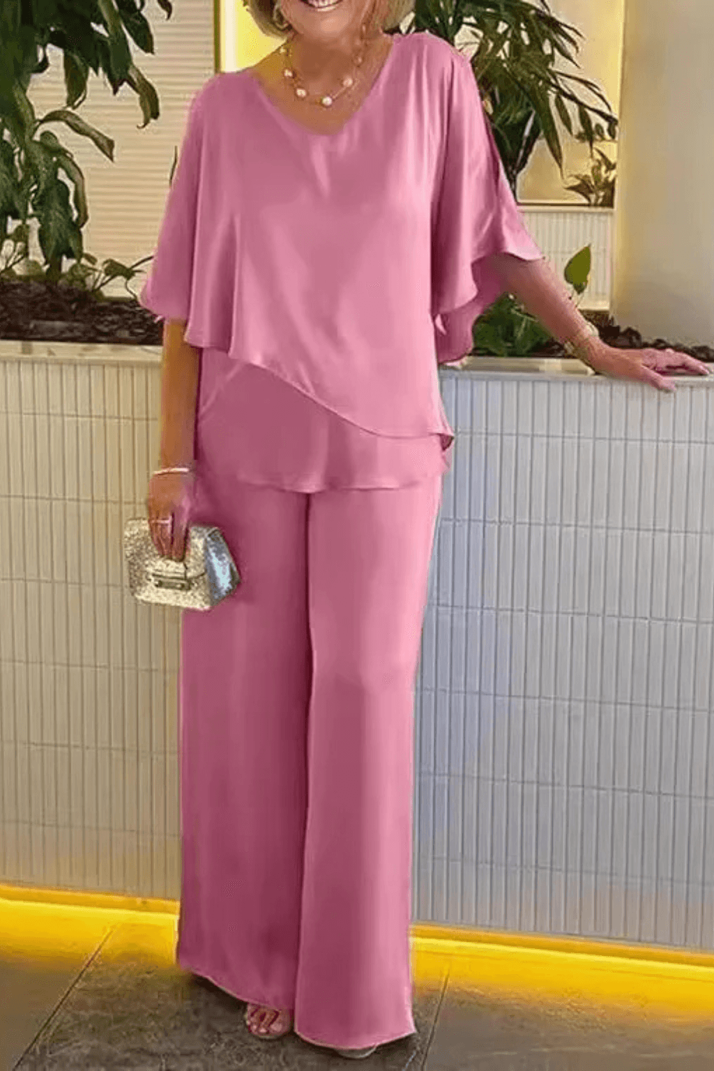 Hannah Sullivan Flowy Chiffon Blouse and Wide-Leg Pants Co-ord Set