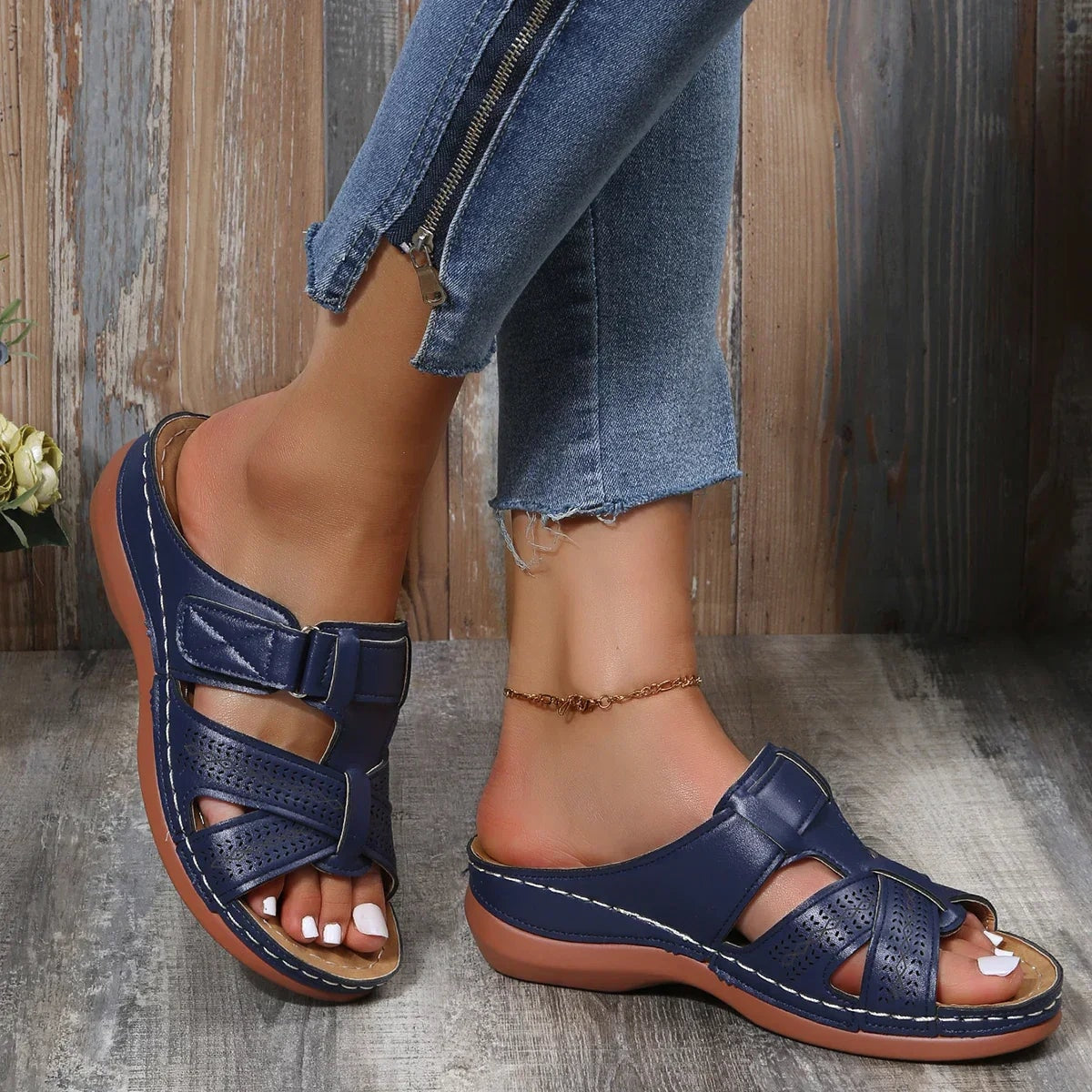 Aria Orthopedic Wedge Sandals with Cutout Crisscross Straps and Adjustable Closure