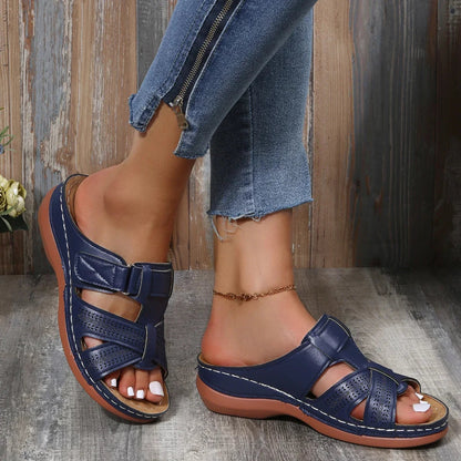 Aria Orthopedic Wedge Sandals with Cutout Crisscross Straps and Adjustable Closure