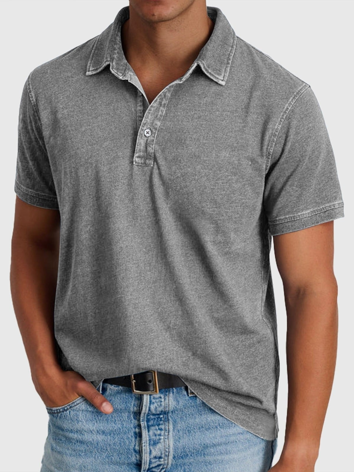 Men's Short-Sleeve Denim-Wash Cotton Polo Shirt