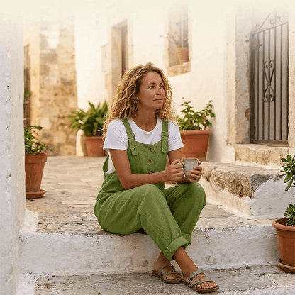 Women's Button-Front Wide-Leg Linen Overalls with Pockets