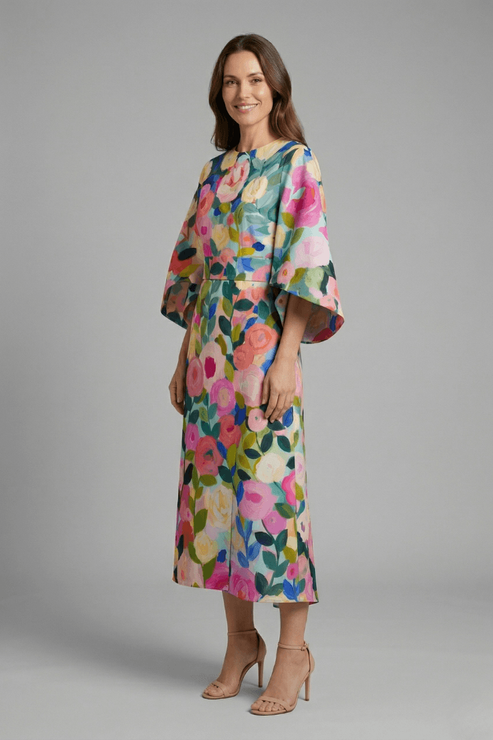 Floral Print Round Neck Women's Midi Dress with Wide Bell Sleeves