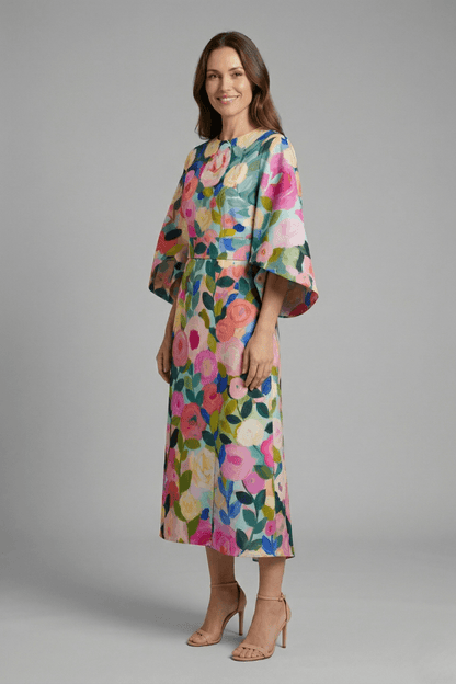 Floral Print Round Neck Women's Midi Dress with Wide Bell Sleeves