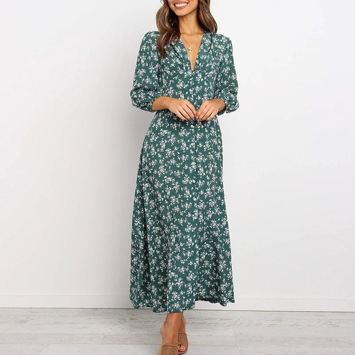 Norma Floral V-Neck A-Line Maxi Dress with Long Sleeves for Women