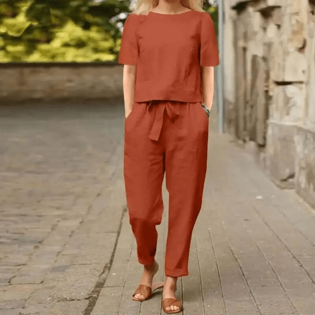 Women's Cotton Linen Relaxed Top and Pants Two-Piece Co-ord Set