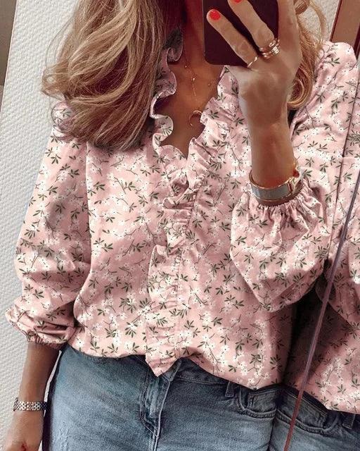 Women's Long Sleeve Blouse with Ruffle V-Neck and Gathered Cuffs