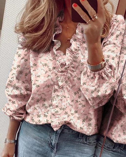 Women's Long Sleeve Blouse with Ruffle V-Neck and Gathered Cuffs