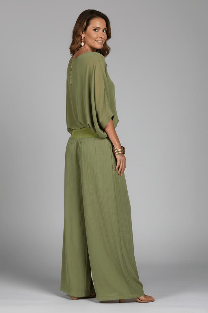 Women's Matching Two Piece Set with Dolman Sleeve Top and Wide-Leg Pants