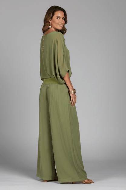Women's Matching Two Piece Set with Dolman Sleeve Top and Wide-Leg Pants