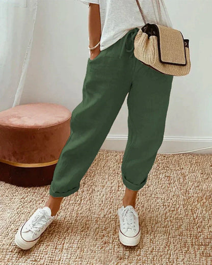 Women's Relaxed Linen Trousers with Elastic Drawstring Waist