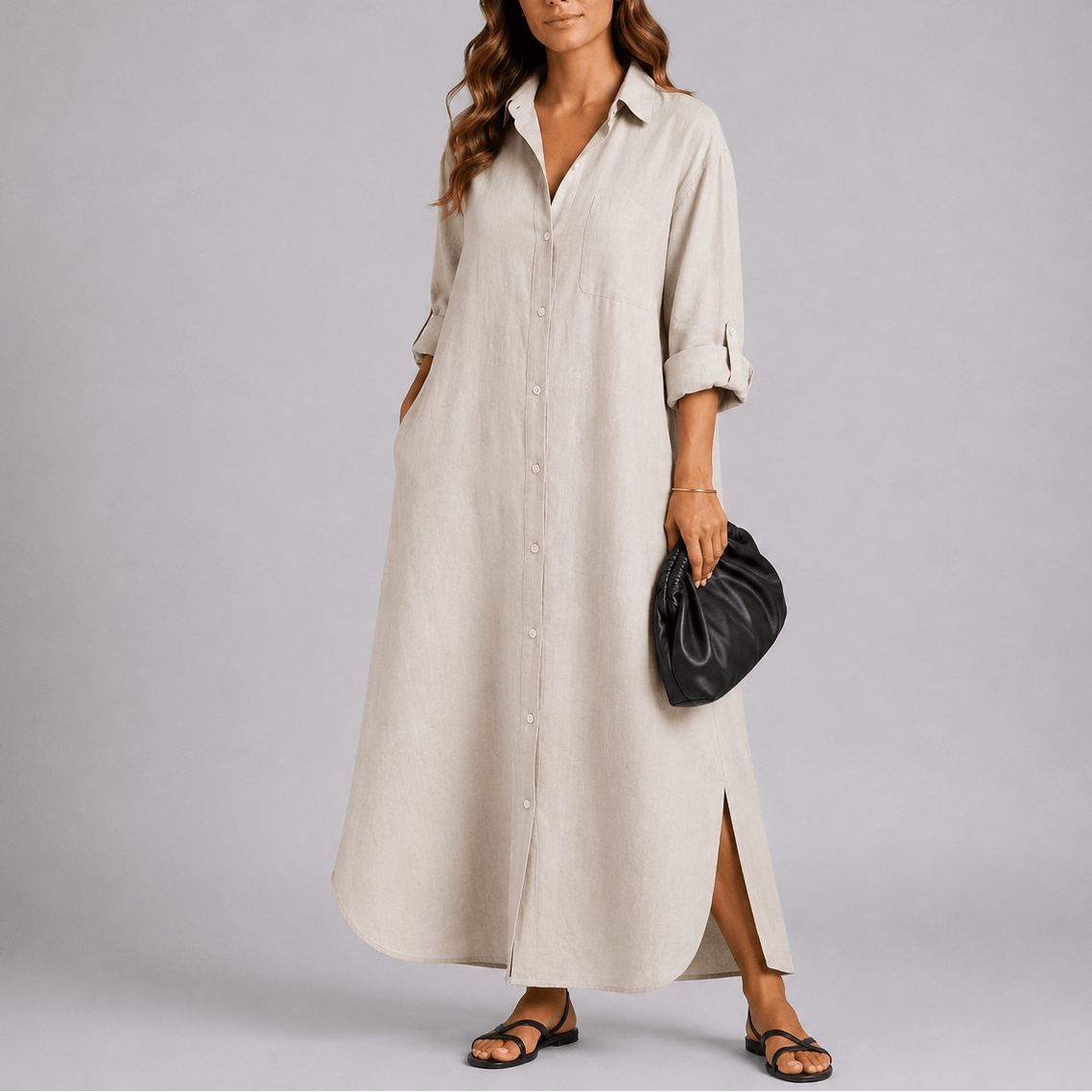 Relaxed Linen Button-Front Women's Summer Maxi Dress with Side Slit