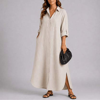 Relaxed Linen Button-Front Women's Summer Maxi Dress with Side Slit