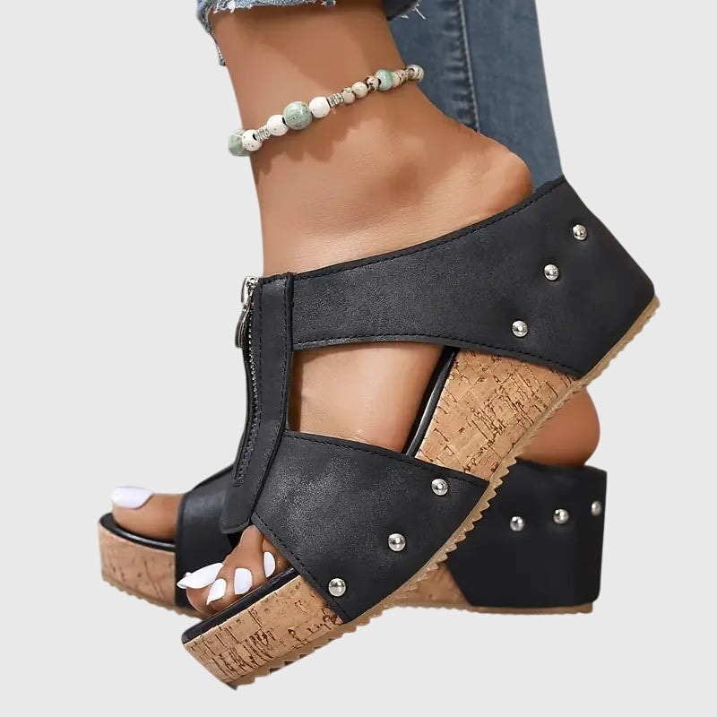 Jazlyn Orthopedic Open-Toe Wedge Sandals with Front Zip and Metal Stud Detail