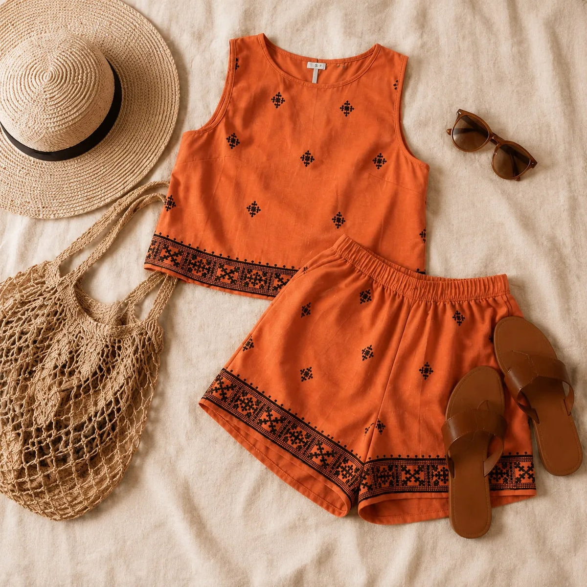 Embroidered Sleeveless Top and High-Waisted Shorts Two-Piece Set
