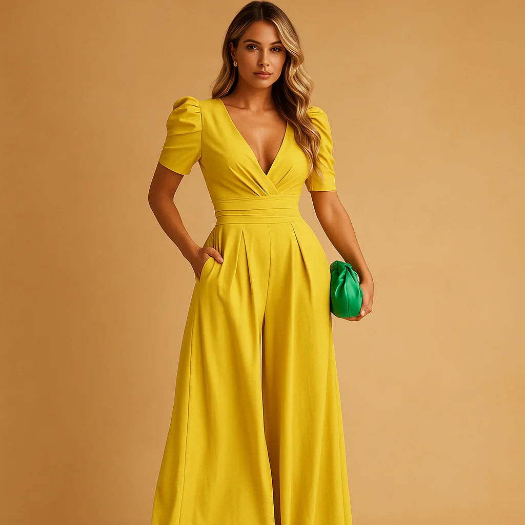Isabelle Puff Sleeve Wide-Leg Jumpsuit with Pockets