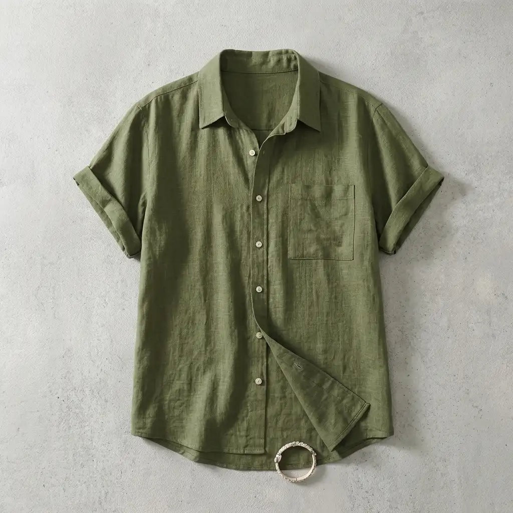 Women's Short Sleeve Linen Button-Up Top with Chest Pocket