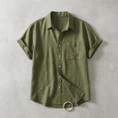 Women's Short Sleeve Linen Button-Up Top with Chest Pocket