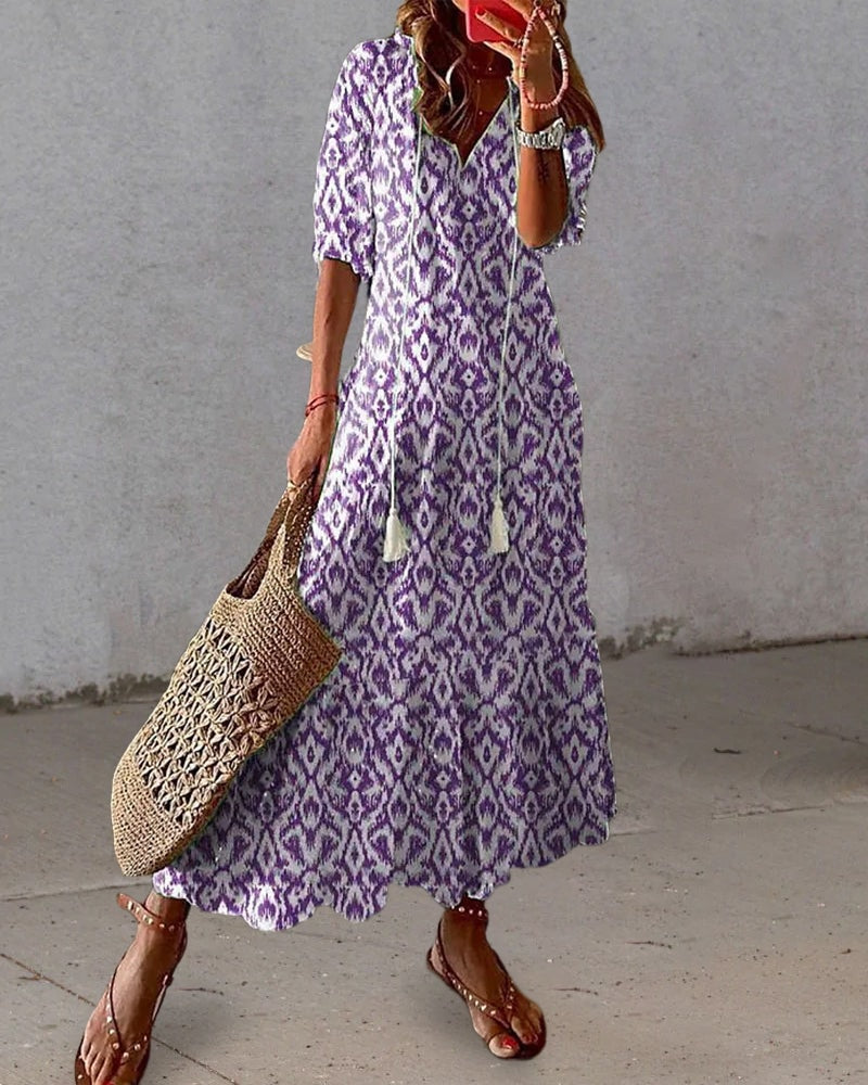 Joanne Tassel-Tie Ikat Print Cotton Blend Women's Midi Dress with Tummy Coverage