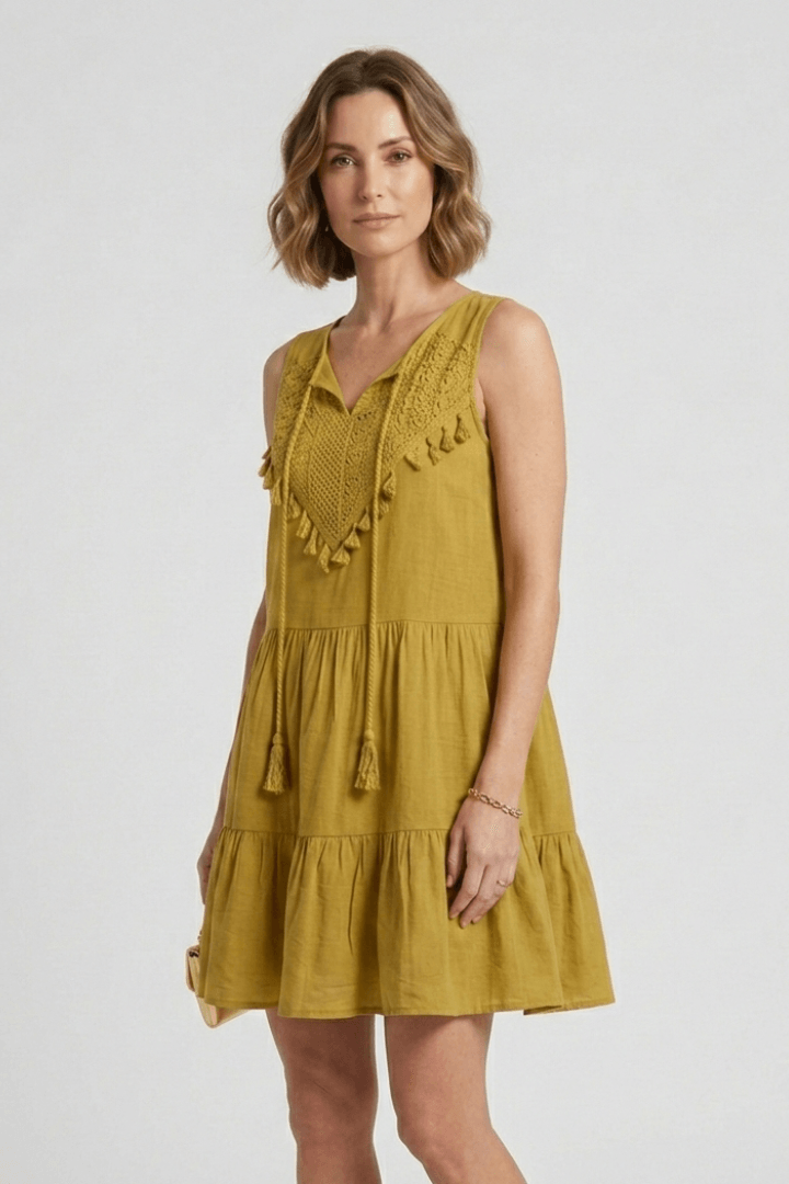 Women's Sleeveless Mini Summer Dress with Tassel Tie V-Neck and Tiered Skirt