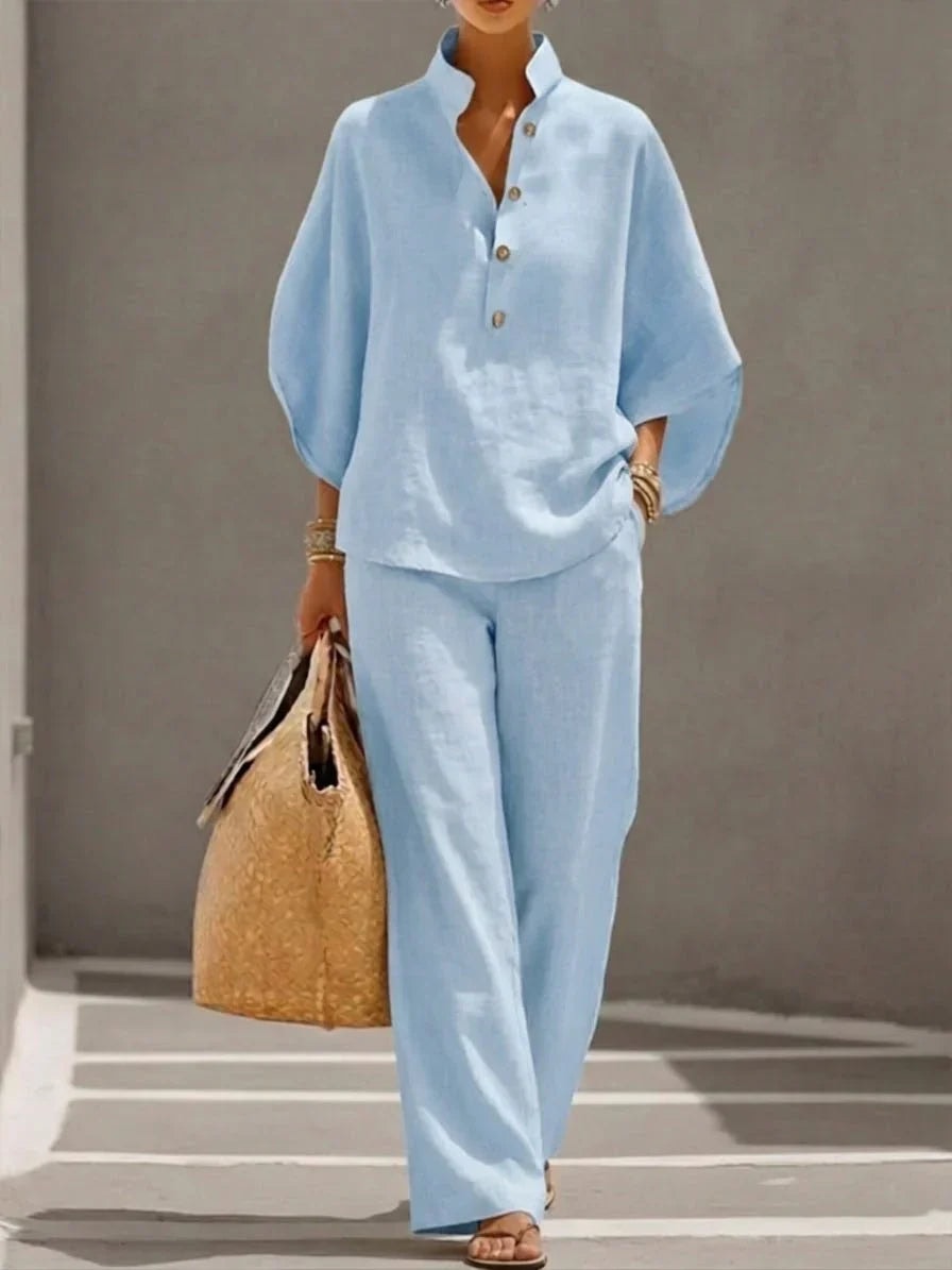 Linen Blouse and Wide-Leg Pant Set with Batwing Sleeves
