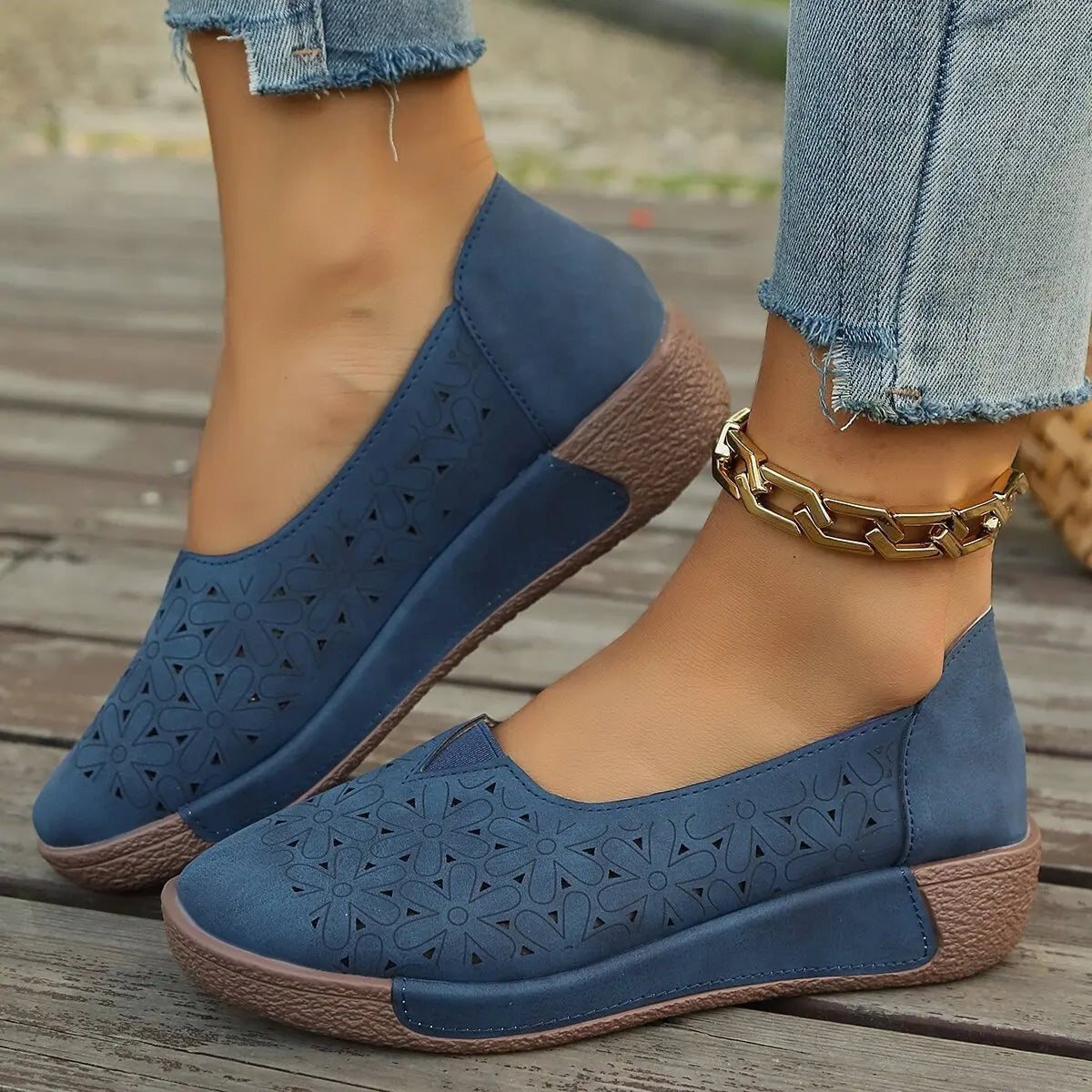 Slip-On Wedge Loafers with Floral Cut-Out Detail and Orthopedic Insole