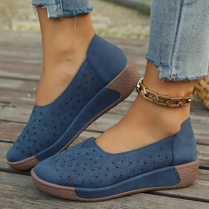 Slip-On Wedge Loafers with Floral Cut-Out Detail and Orthopedic Insole