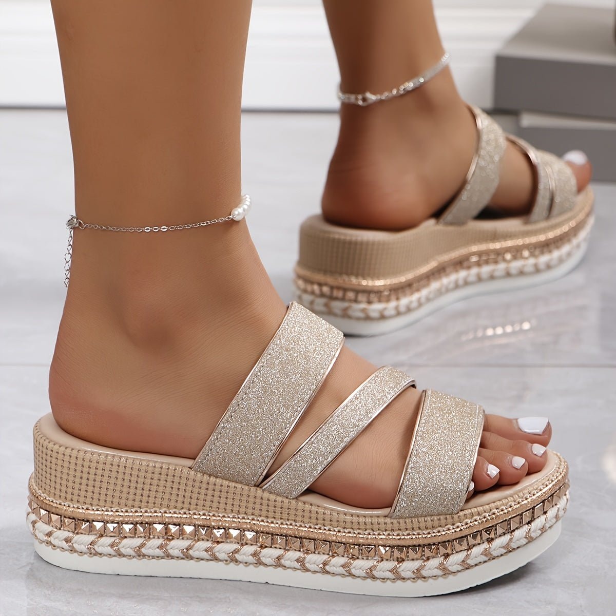 Imogen Calloway Glitter Platform Sandals with Rhinestone Ankle Strap for Women