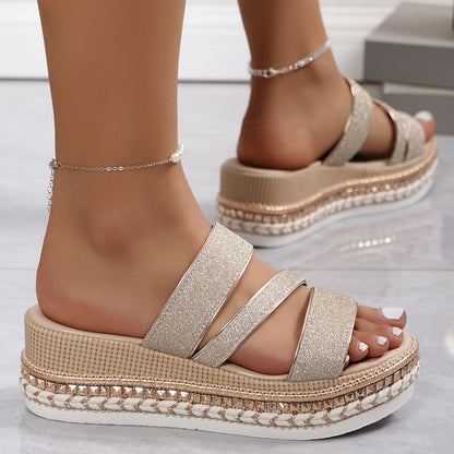 Imogen Calloway Glitter Platform Sandals with Rhinestone Ankle Strap for Women
