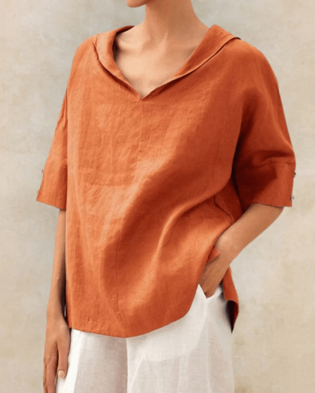 Women's Cotton V-Neck Top with Loose Fit and Half Sleeves