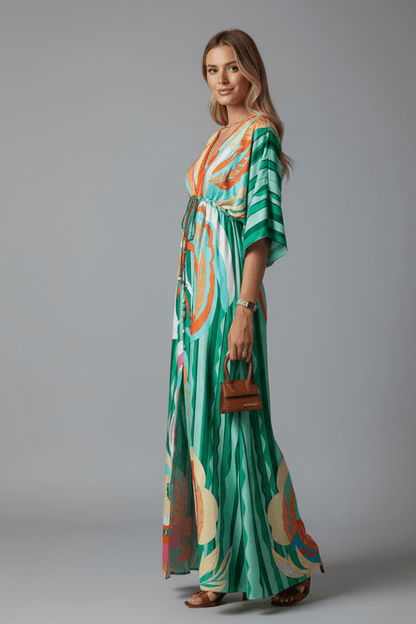 Serena Bellini | Bohemian Tropical Print Maxi Dress with Tie Waist