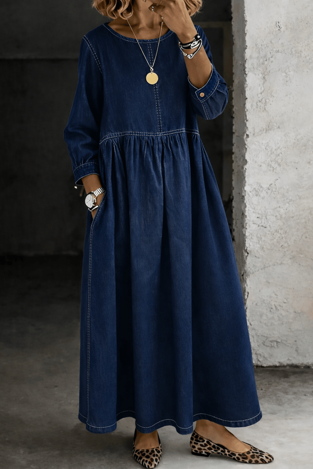 Melissa Round Neck Long Sleeve Denim Maxi Dress with Pockets