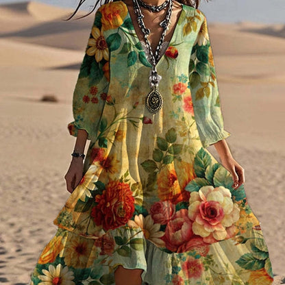 Ava Cooper Floral V-Neck High-Low Midi Christmas Dress with Long Sleeves