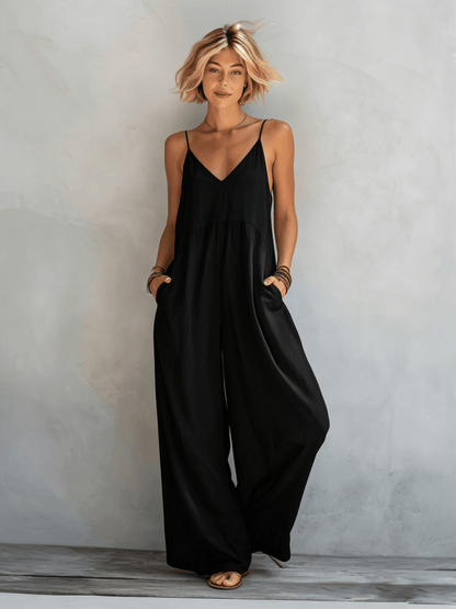 Women's Wide-Leg Linen Blend Jumpsuit with Spaghetti Straps