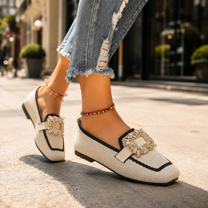 Crystal Buckle Square-Toe Knit Loafer Flats for Women