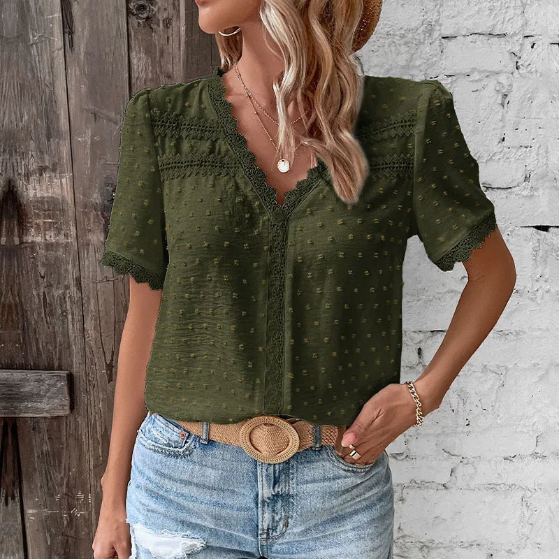 Wendy Swiss Dot Lace Trim Top with Short Sleeves and V-Neck