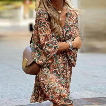 Rozina Paisley Print Boho Women's Midi Dress with Tie-Front Waist