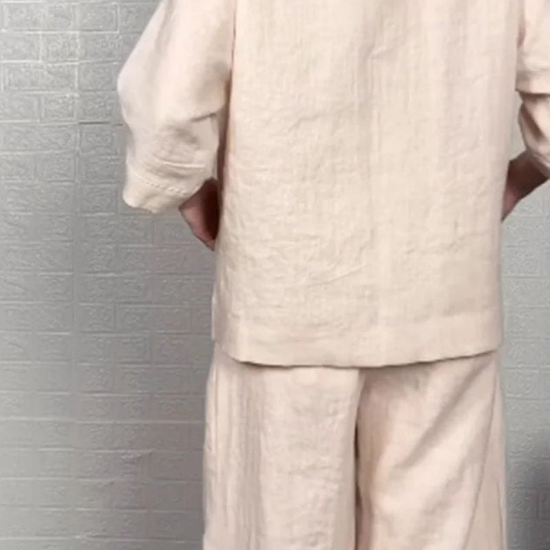Cotton Linen Matching Two-Piece Set with V-Neck Top and Wide-Leg Pants