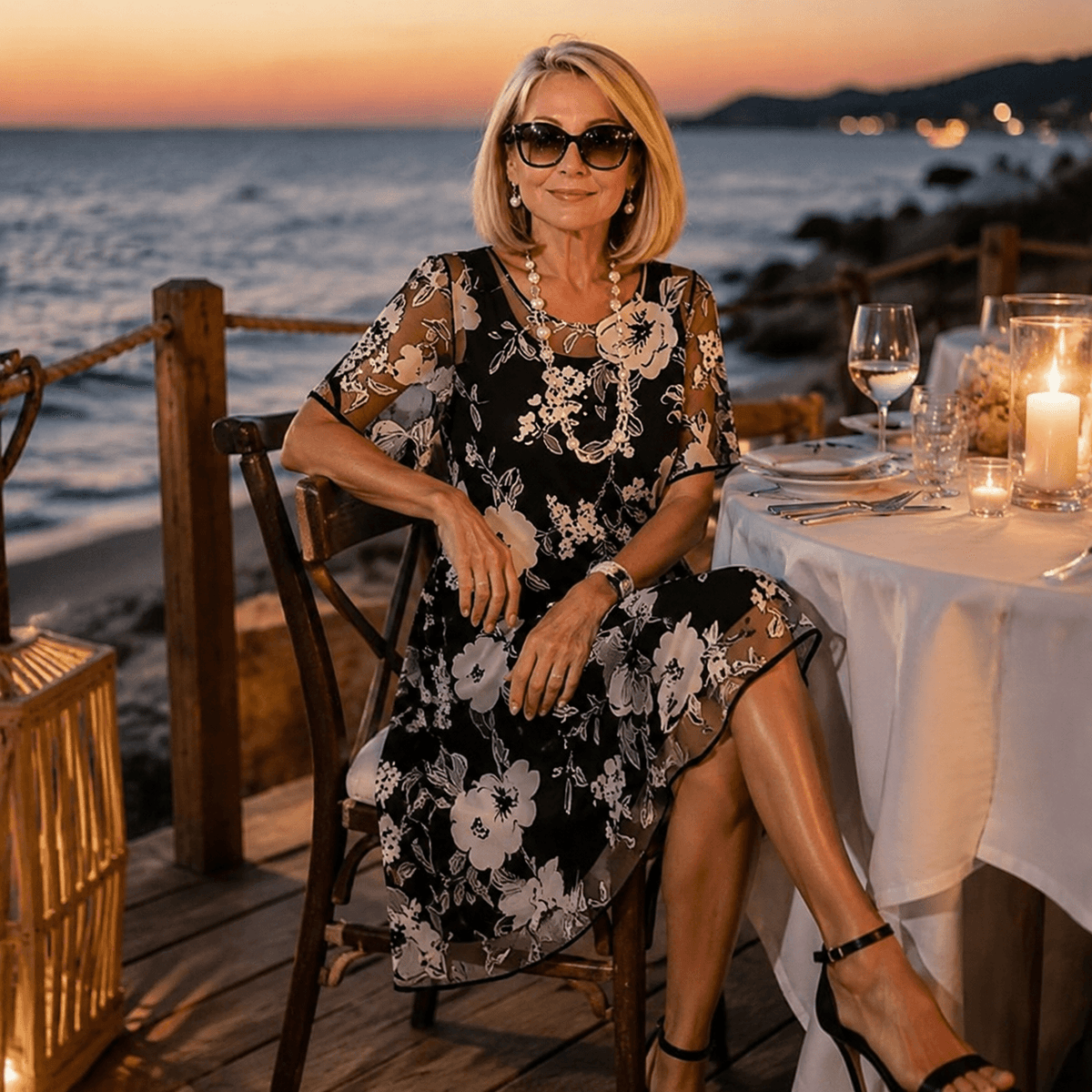 Solenya Black Floral Chiffon A-Line Women's Midi Dress with Sheer Overlay