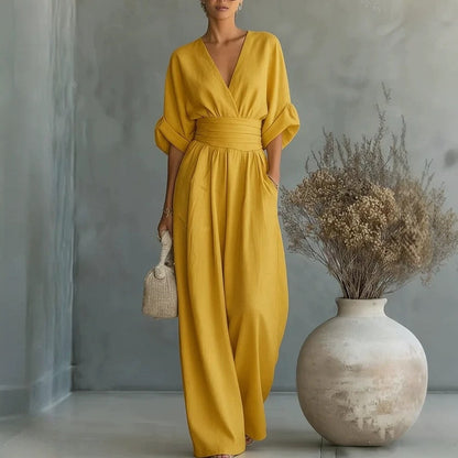 Sophia Merriweather Wide-Leg Linen Jumpsuit with Wrap Waist Tie