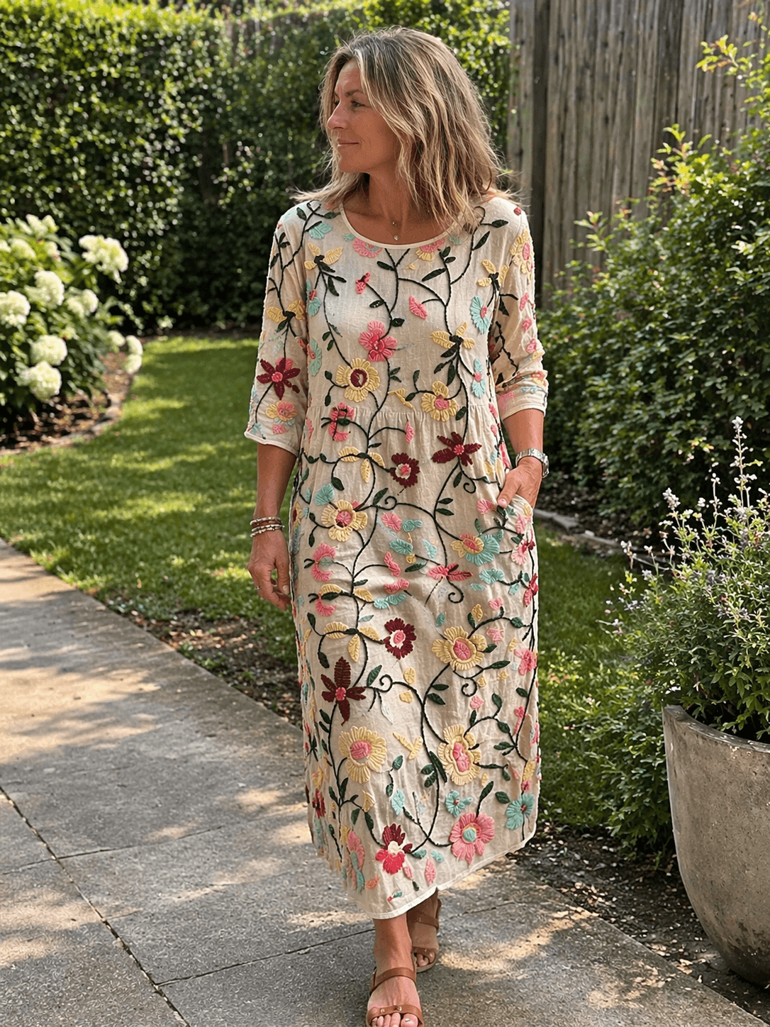 Erica Embroidered Floral Three-Quarter Sleeve Cotton Blend Women's Midi Dress