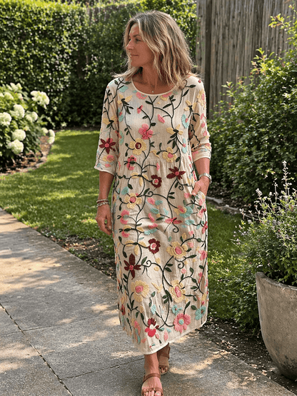 Erica Embroidered Floral Three-Quarter Sleeve Cotton Blend Women's Midi Dress
