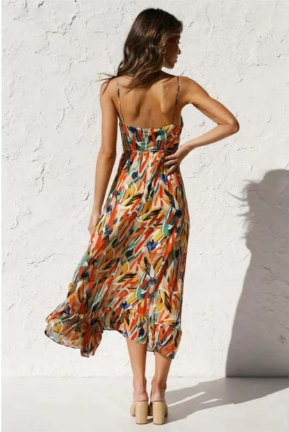 Sara Woven Midi Summer Dress with Abstract Floral Print and Tie Waist