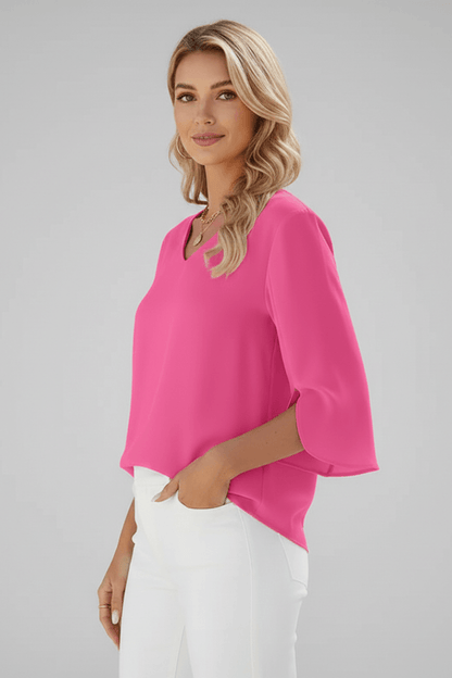 V-Neck Blouse with Three-Quarter Split Sleeves and Curved Hem