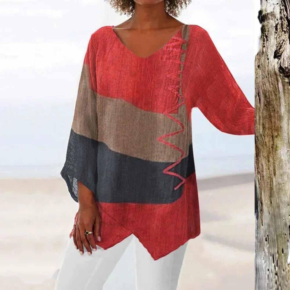 Nora Fitzgerald Colorblock Linen Blouse with Long Sleeves for Women