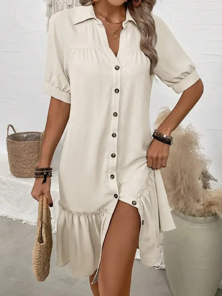 Lila Button-Front Shirt Dress with Short Sleeves and Ruffle Hem