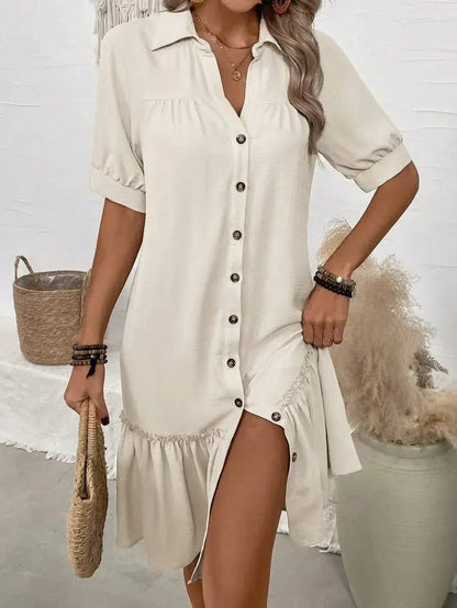 Lila Button-Front Shirt Dress with Short Sleeves and Ruffle Hem