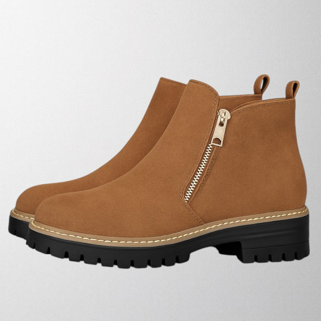 Tara Sinclair Suede Ankle Black Boots With Gold Zip Detail for Women